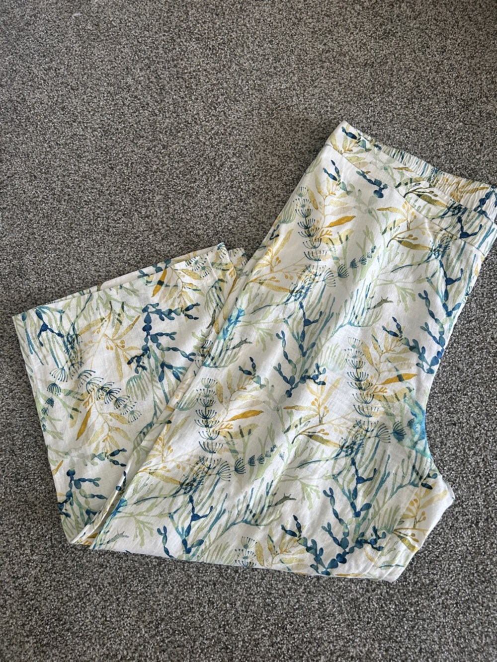Chico's Cream Linen-Blend pants with Blue & Yellow Botanical Print